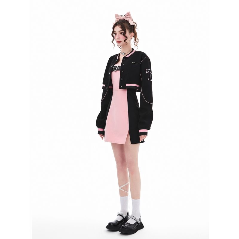 Set Đầm Hai Dây Phối Áo Khoác Màu Sắc Tương Phản Thời Trang Mùa Thu Cho Nữ