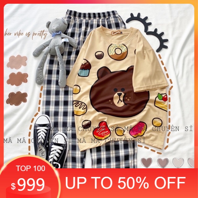 Sét áo gấu bánh + quần kẻ đen , áo thun nam nữ, quần khaki, quần nữ, sét bộ mặc ở nhà MODY