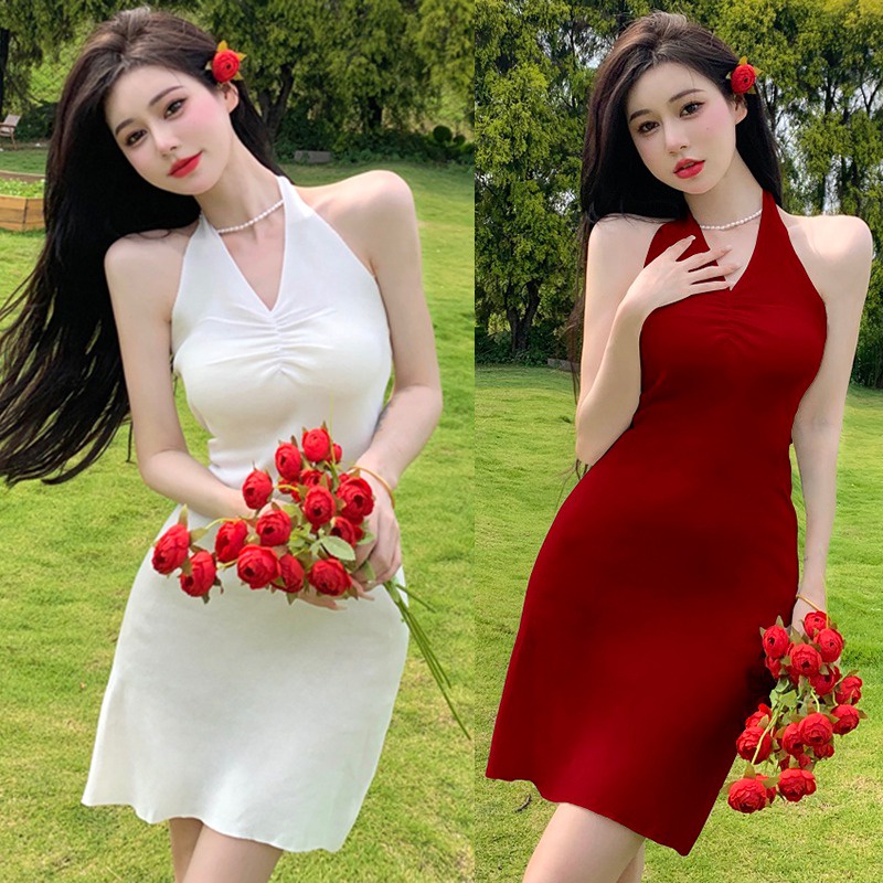 Đầm Dệt Kim Hai Dây Dáng Ôm Màu Sắc Trơn Phong Cách Hàn Quốc