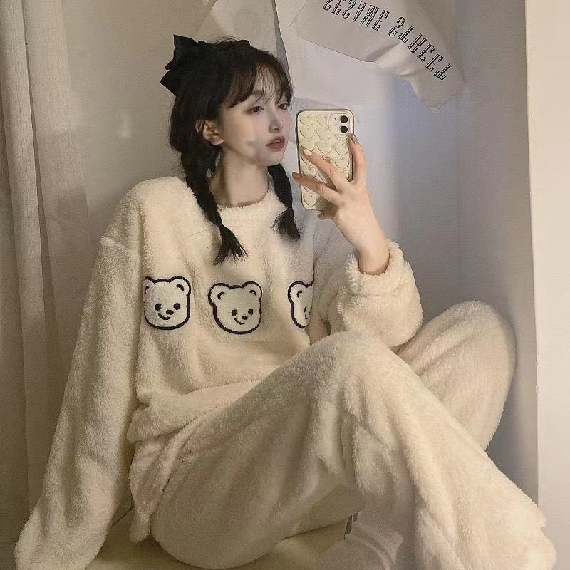 Bộ đồ ngủ vải nhung san hô dày dặn ấm áp phong cách Hàn Quốc thời trang mùa đông mới cho nữ