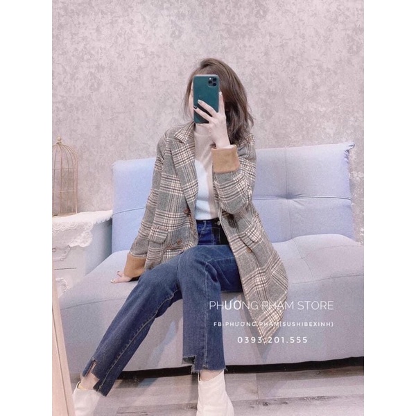 ÁO BLAZER DẠ KẺ NÂU 2 LỚP DÁNG DÀI