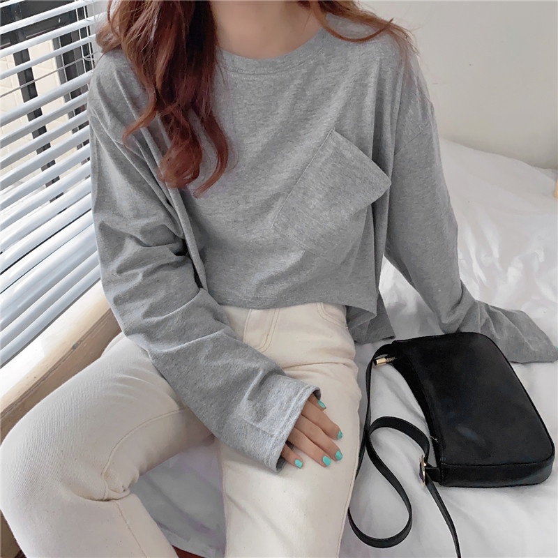 SUXI Áo Thun Tay Dài Cổ Tròn Màu Sắc Đơn Giản Dành Cho Nữ