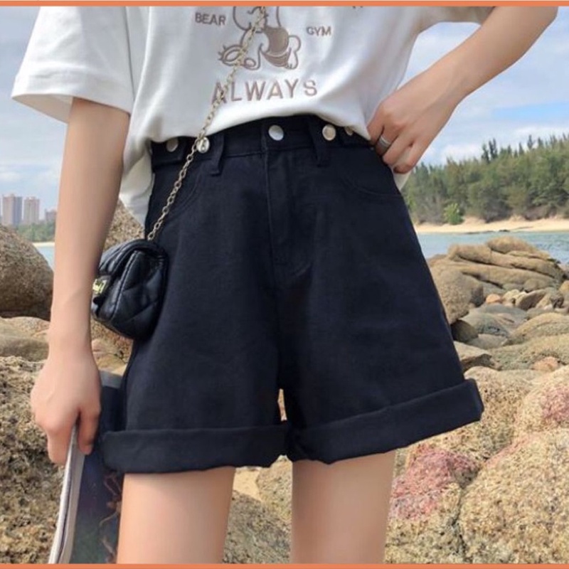 Quần short nữ kaki cạp cao, quần sooc nữ ống rộng sắn gấu cao cấp
