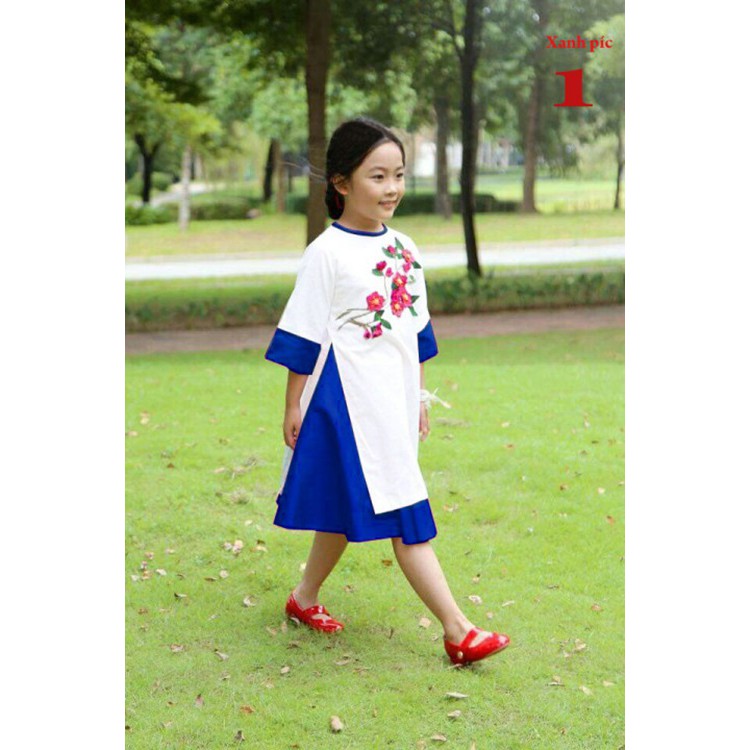 (Set 3) Áo dài thêu hoa kết hợp váy bé gái duyên dáng (Tặng kèm băng đô) (190142)