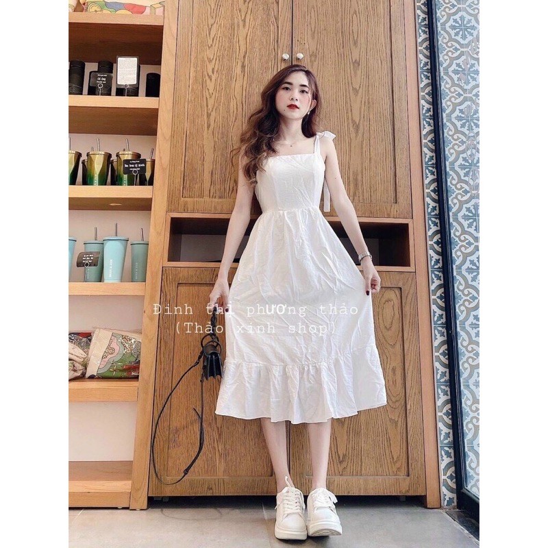 Đầm 2 dây cột nơ vải đũi