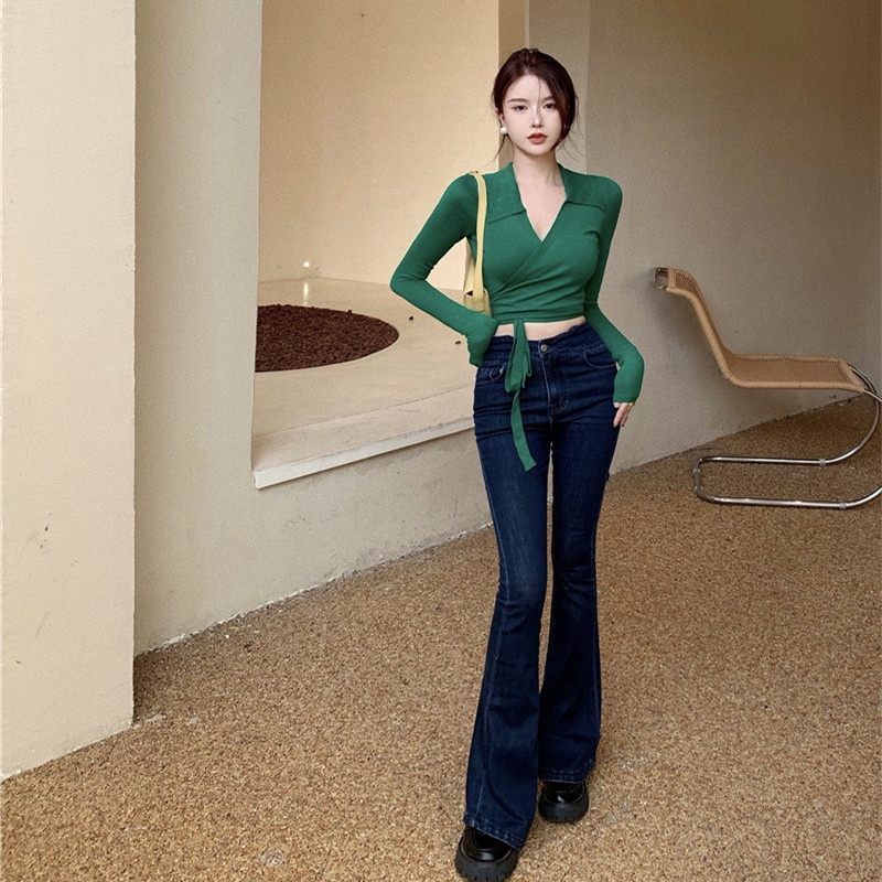 Áo thun dệt kim cổ polo tay dài ôm dáng độc đáo thời trang mùa thu dành cho nữ