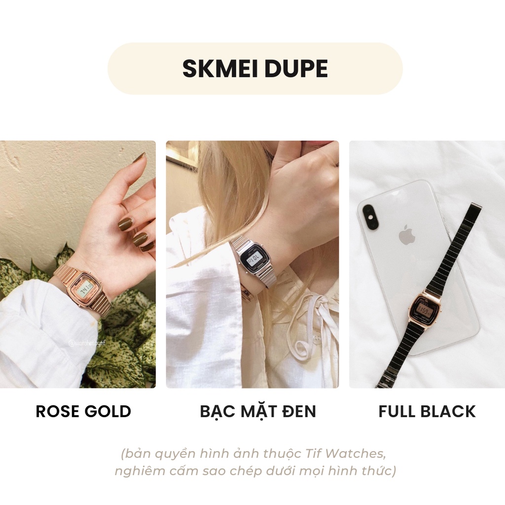 Đồng hồ nữ điện tử mặt nhỏ SKMEI MESH bạc mặt đen đồng hồ thời trang cá tính Watchesbytif size 22mm kèm báo thức bấm giờ