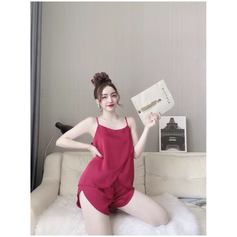 Đồ Ngủ Sexy Nữ- Đồ Ngủ Nữ Chéo Tà Chất Satin Mềm Mát Form 40-55kg