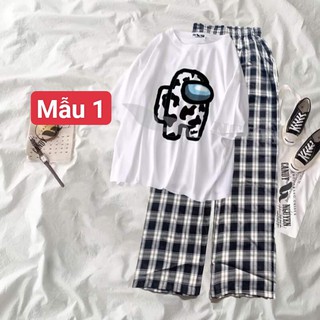 Sét bộ áo thun hình cute 3 + quần kẻ ống rộng (5322