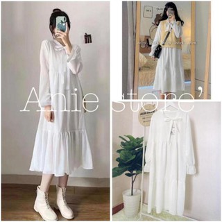 Đầm babydoll nơ ngực 🦋freeship🦋 váy nữ tay bồng dáng suông 2 màu 🦋dáng dài xinh xắn