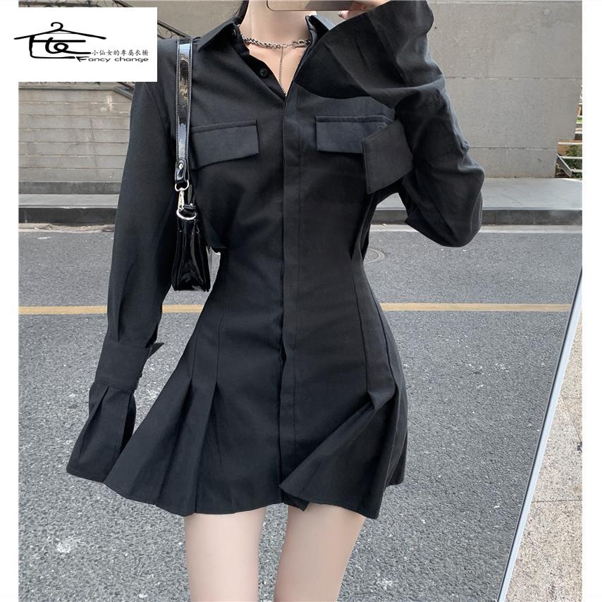 Đầm Sơ Mi Ngắn Ôm Eo Tay Dài Màu Đen Thời Trang Mùa Hè