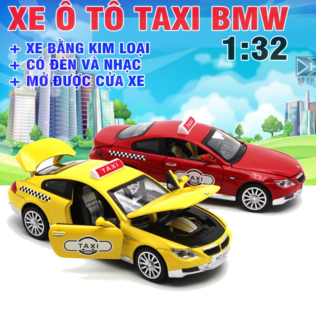 Mô hình ô tô taxi bằng kim loại có âm thanh và đèn xe tỉ lệ 1:32 đồ chơi trẻ em mở được các cửa xe