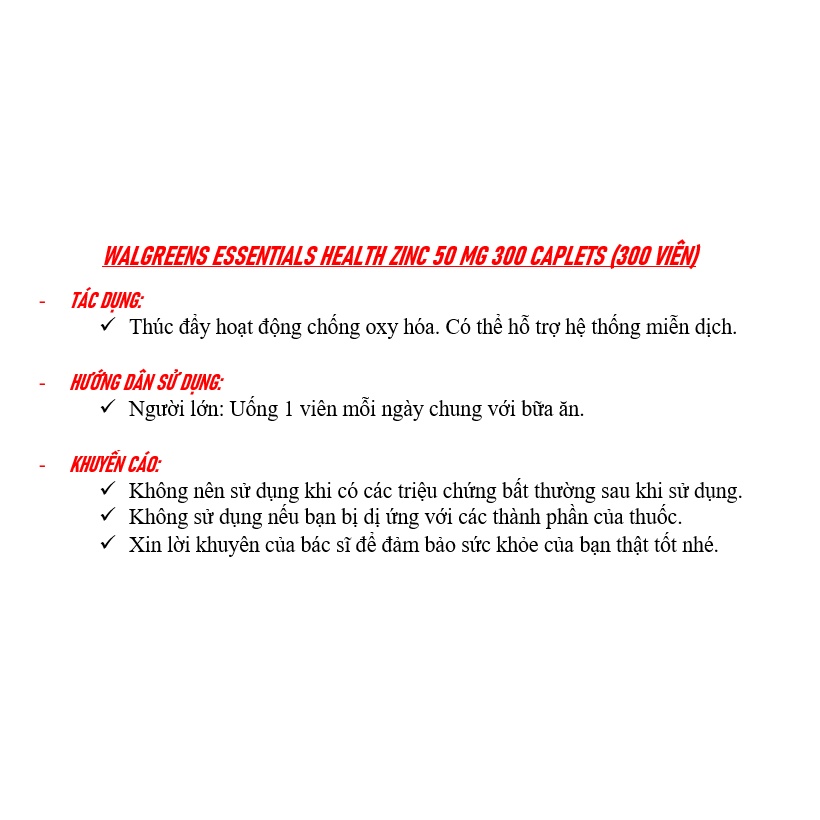 [DATE 03/2023] WALGREENS ESSENTIALS HEALTH ZINC 50 MG 300 CAPLETS (300 VIÊN)