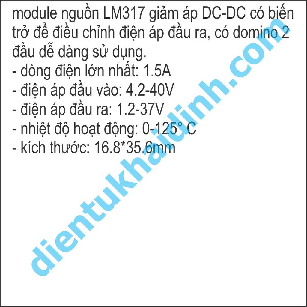 Module Nguồn LM317 giảm áp DC-DC, domino 2 đầu 1.5A, Vin: 4.2-40V, Vout: 1.25-37V KDE0380