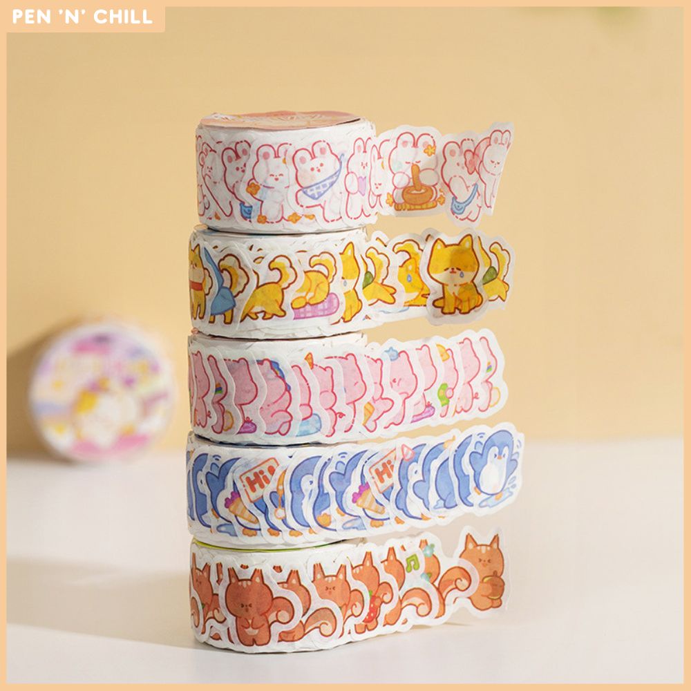 Băng keo giấy washi tape dạng sticker hoạ tiết hoạt hình