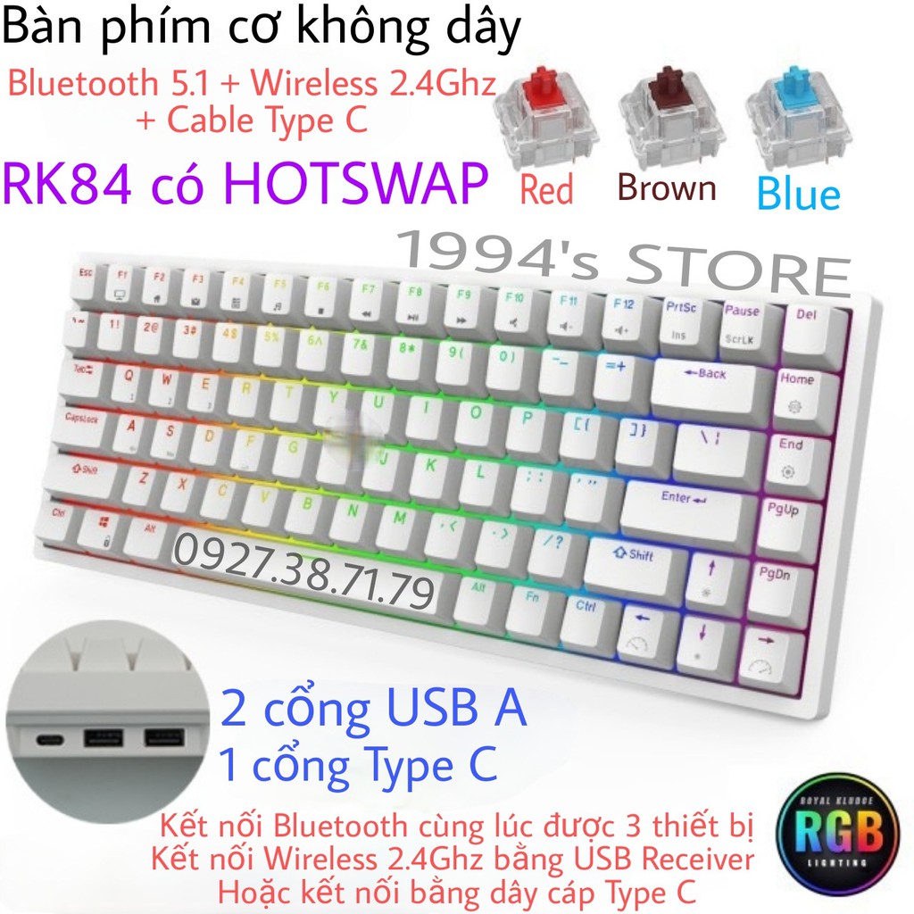 (CÓ SẴN) Bàn phím cơ Royal Kludge RK84 Version 4 Led RGB Wireless 2.4G + Bluetooth 5.1 + Có dây Type C + Hotswap | BigBuy360 - bigbuy360.vn