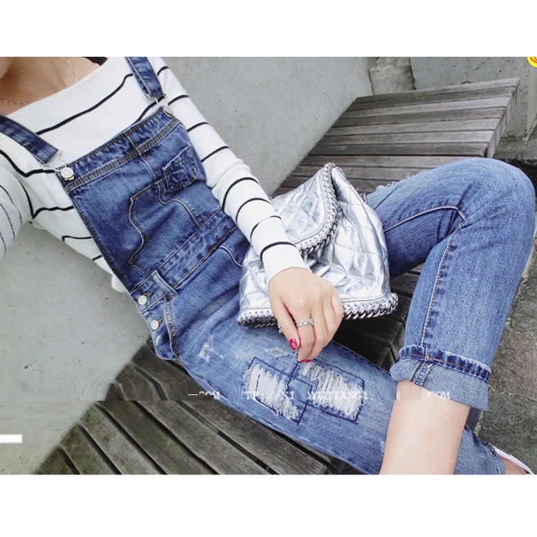 [TẶNG KÈM QUÀ_HÀNG XỊN] Quần yếm jean dài rách ít, vải mềm không co dãn, ống đứng chuẩn hàng Quảng Châu YD13