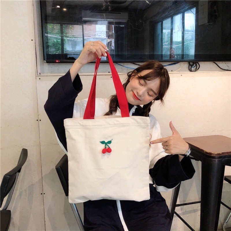 Túi tote cherry bằng len Hàn Quốc ulzzang (có sẵn, hình thật)