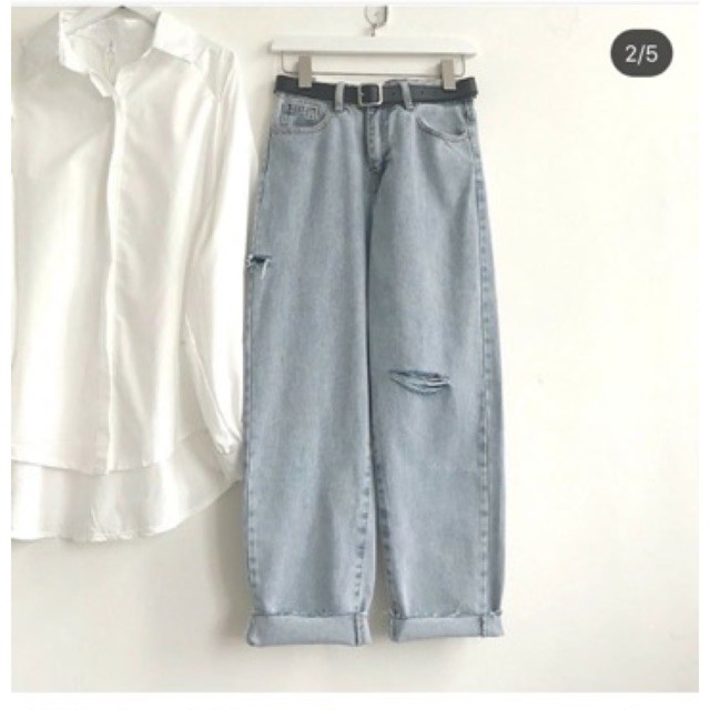 Baggy Jeans Ống Rộng Tua Lai Rách PT