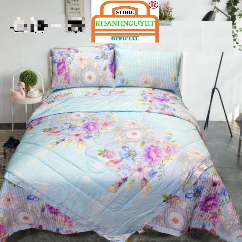 Set chăn ga gối trần bông 100% tencel - Hoa Xanh Tím