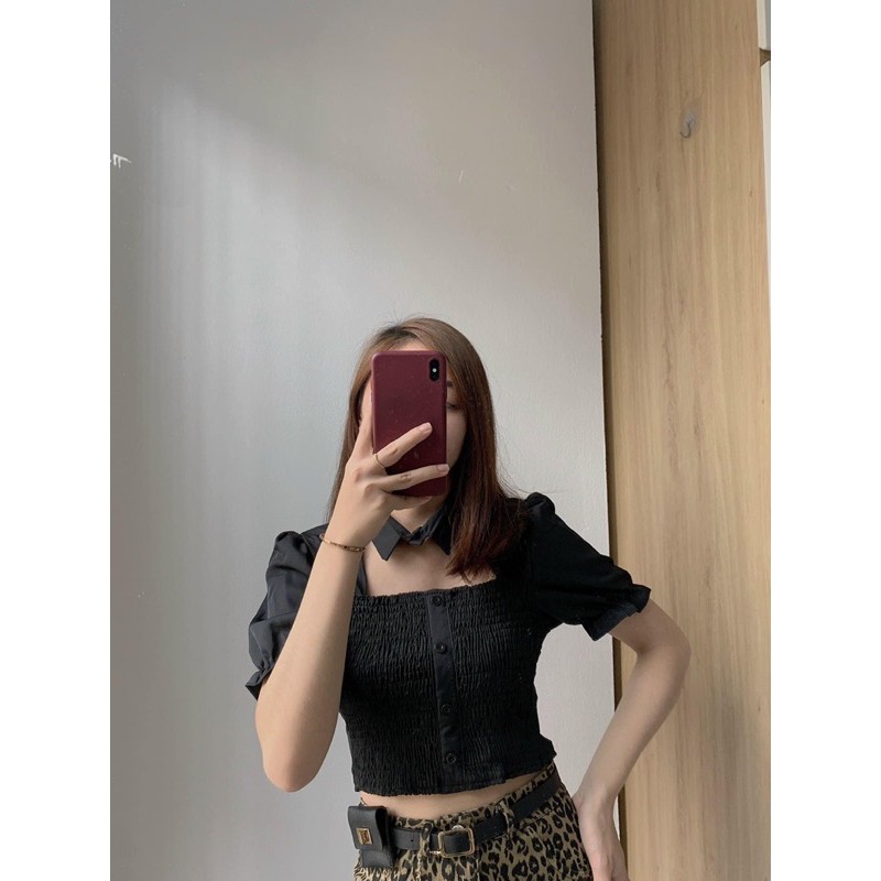 Áo Croptop Cổ Cutout Phối Chun Nhún (ẢNH THẬT+VIDEO)