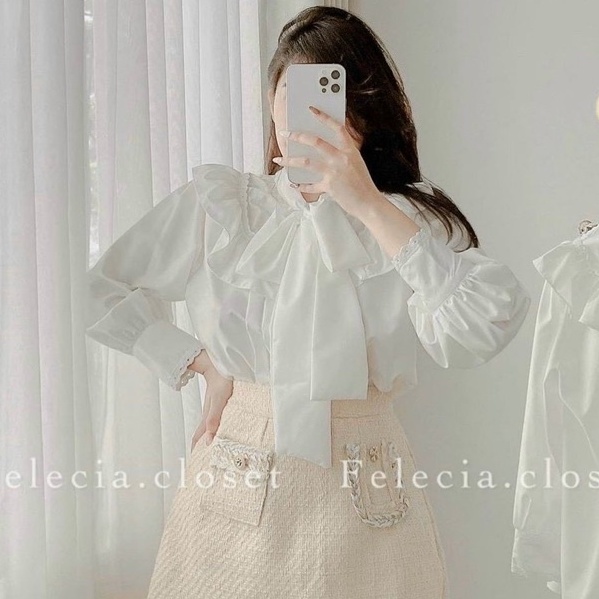 Áo sơ mi cổ nơ bèo tay pha ren