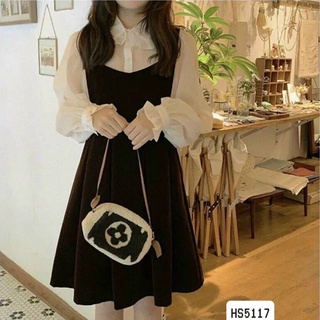 Set váy đầm yếm áo sơ mi nữ bigsize - Sét váy yếm tiểu thư + áo sơ mi bigsize nữ tay dài - màu đen HS5117