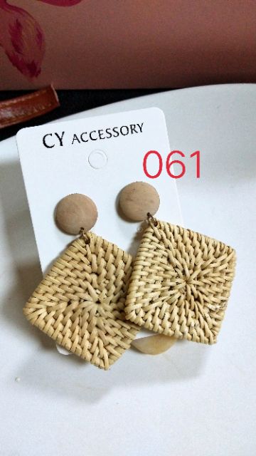 SALE Khuyên tai mây tre đan phối gỗ hình học hàn quốc khuyên tai cói nữ Thời trang Cá tính Hot