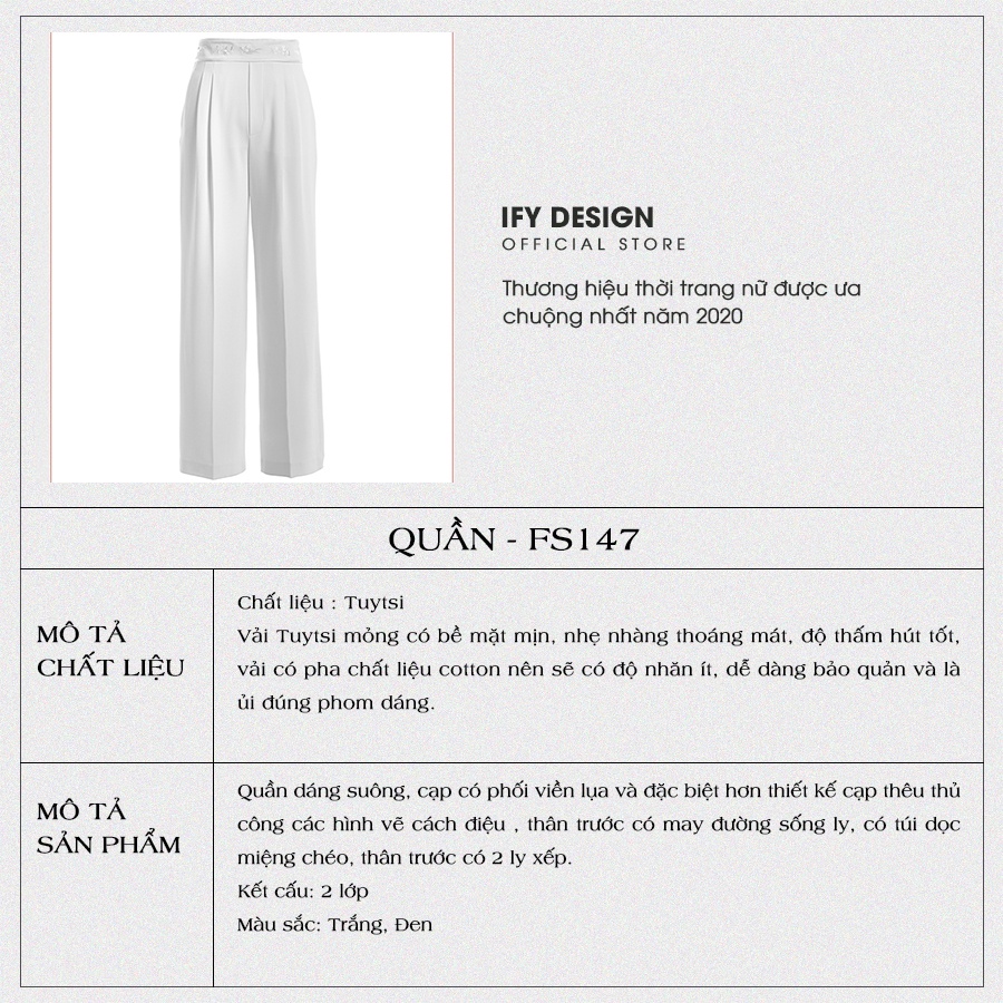 Quần ống suông nữ cạp thêu hai màu trắng đen IFY Design FS147Q