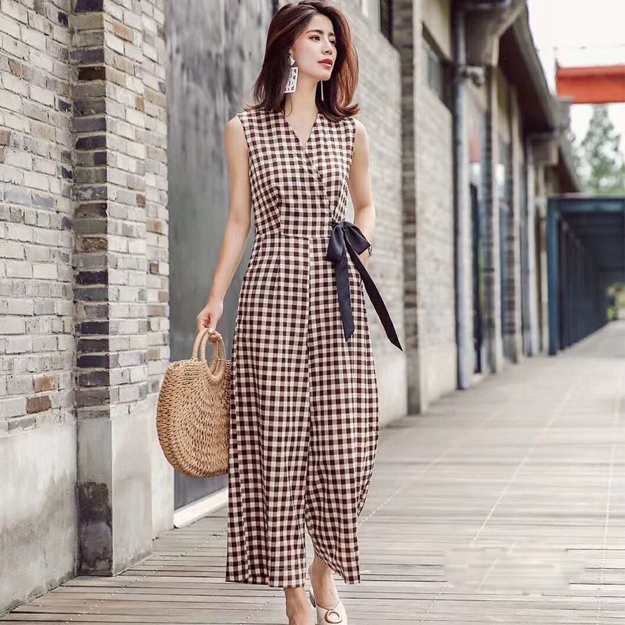 Jumpsuit Kẻ Dài Ống Suông Thắt Nơ Eo Dấu Bụng, Đồ Bay Dáng Dài JS01 -Violet_Store