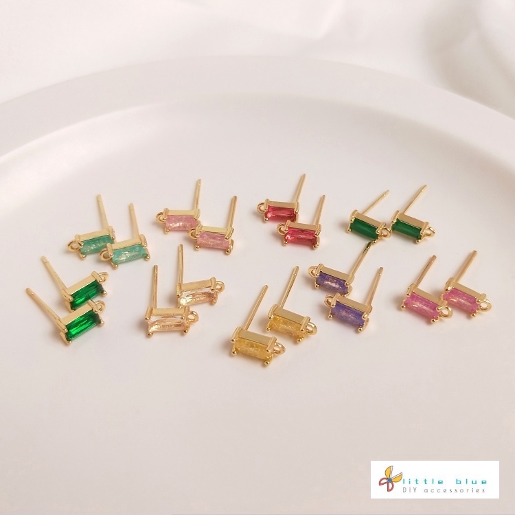 [Little Blu] Khuyên Tai Xỏ Lỗ Hình Chữ Nhật Bằng Đồng Bạc 925 14K Dát Zircon Màu Sắc Zircon Hình Chữ Nhật Có Dây Treo