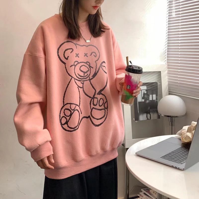 Áo sweater tay dài cổ tròn dáng rộng in họa tiết gấu hoạt hình phong cách Hàn Quốc đáng yêu dành cho các cặp đôi