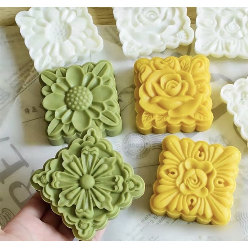 [Mẫu mới 2022] Khuôn trung thu lò xo 4 mặt hoa vuông