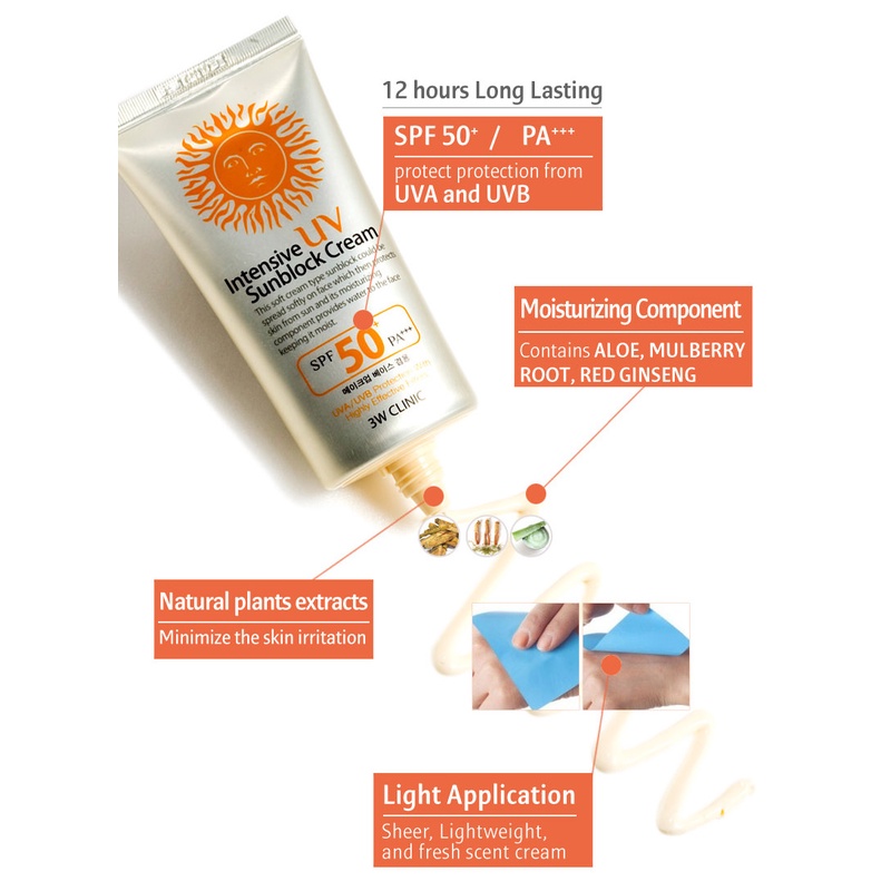 Kem chống nắng trắng da, Kiềm dầu, lâu trôi 3W Clinic Intensive UV Sunblock Cream Hàn Quốc SPF 50 PA+++ 70ml - BẠC