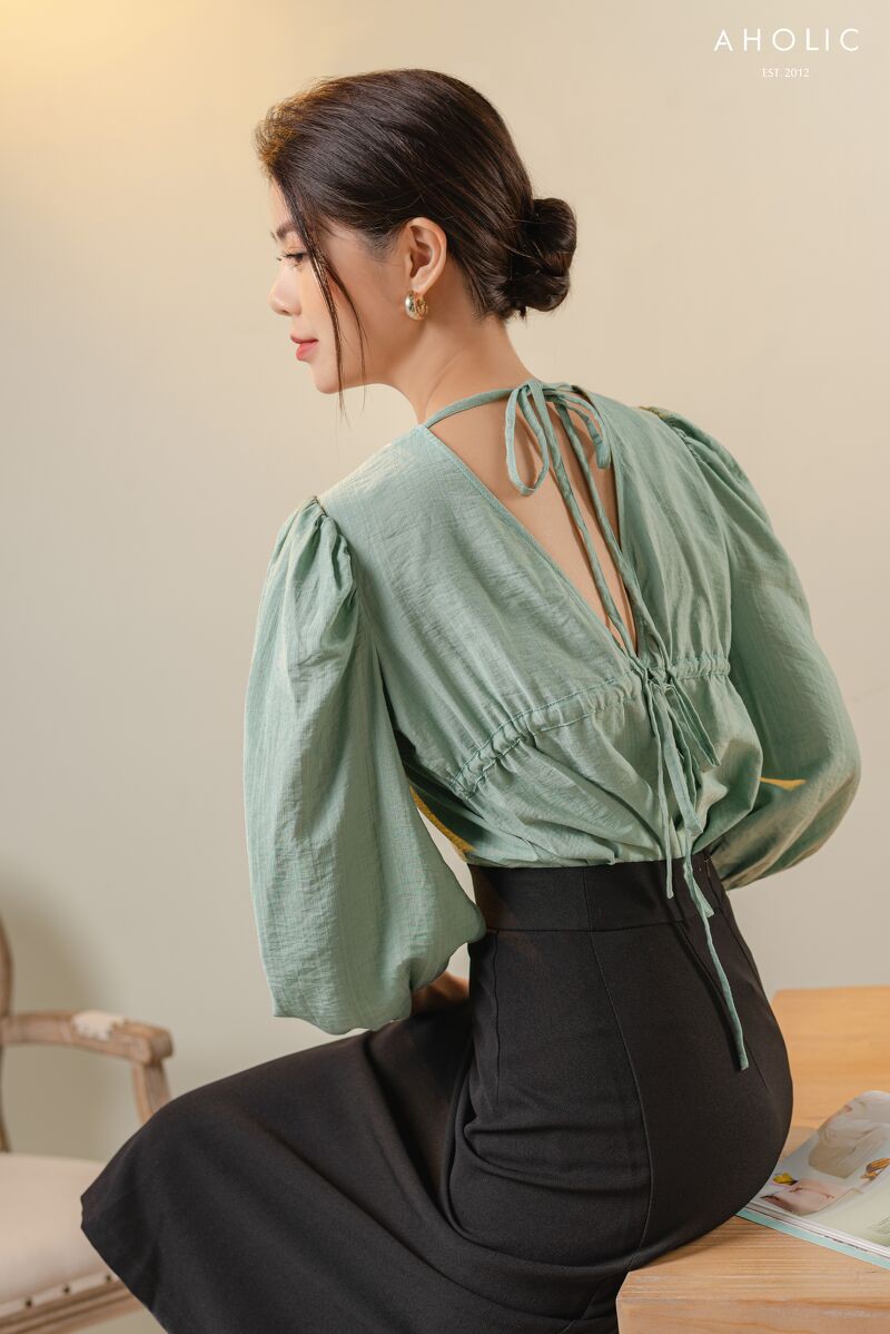 Áo kiểu sơ mi chất thô đũi rút nơ 3 màu Aholic A2874