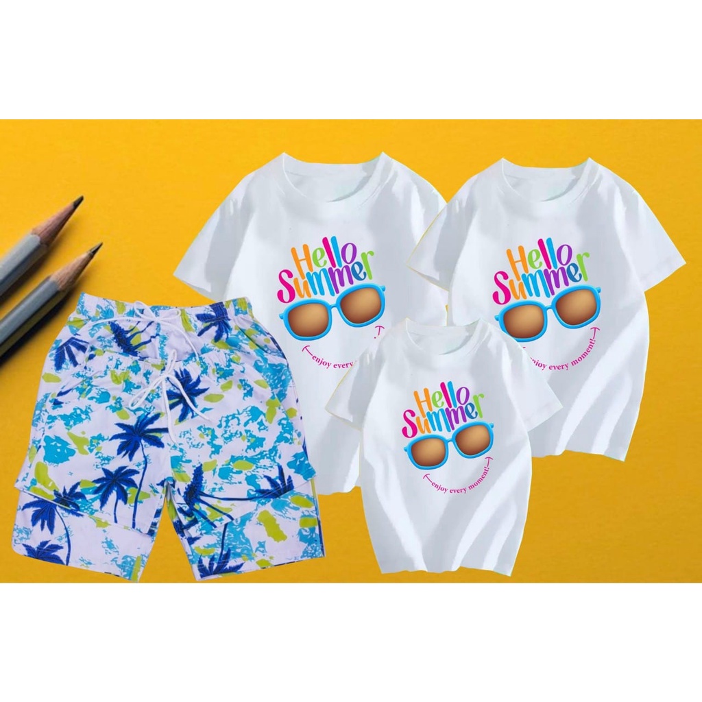 Áo thun gia đình, Đồng phục gia đình 3/4/5 người, áo nhóm giá rẻ thun cotton mát mịn - in chữ HELLO SUMMER mắt kính