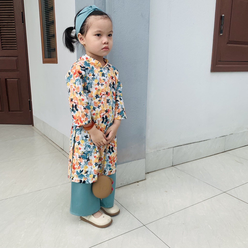 chất liệu thô cotton quần lụa ngọc trai, họa tiết hoa bướm cực xinh cho bé