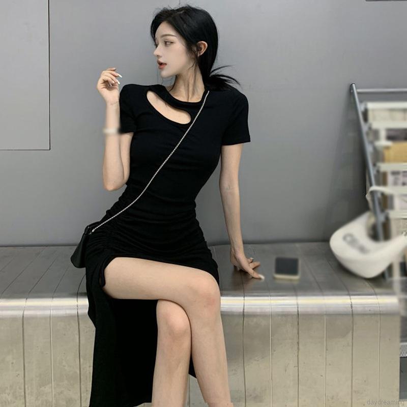 Đầm Nữ Dáng Ôm Xẻ Tà Phối Dây Rút Nhấn Eo Kiểu Pháp Thanh Lịch