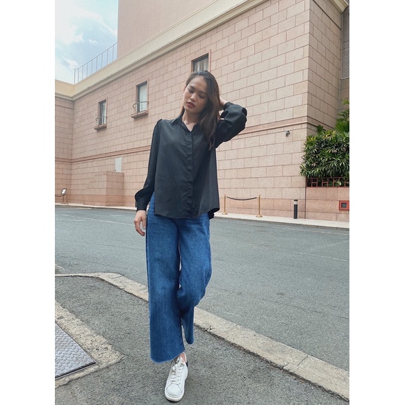 Quần jean nữ ống rộng REVERCLOTHINGS, cotton co dãn tốt lưng cao, Kylie Jean, quần bò nữ