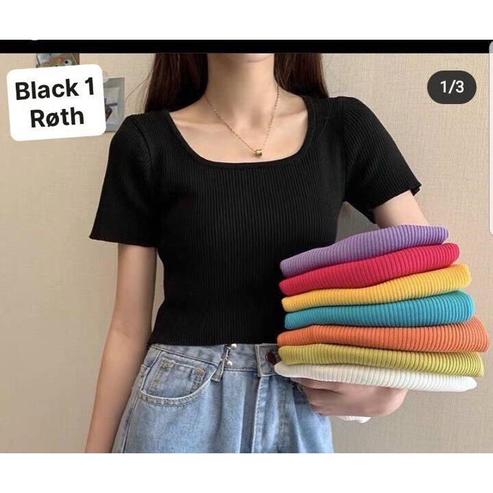 Áo thun gân cổ vuông tay ngắn croptop nhiều màu sắc tươi tắn Mc