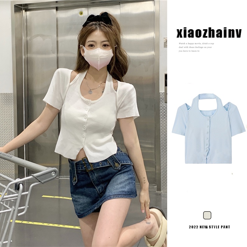 Xiaozhainv Áo Thun Croptop Trễ Vai Tay Ngắn Phong Cách Hàn Quốc Quyến Rũ Dành Cho Nữ