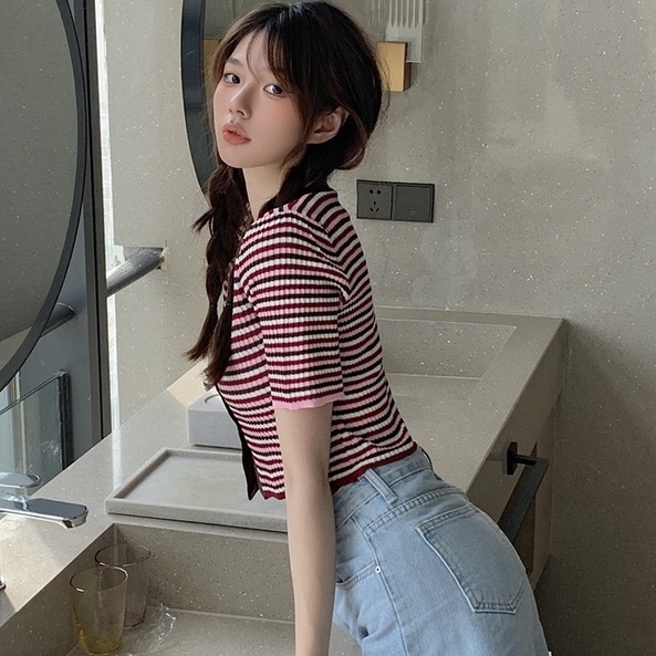 【ZHELIHANGFEI】Áo Cardigan Dệt Kim Ngắn Tay Cổ Tròn Lưng Cao Họa Tiết Kẻ Sọc