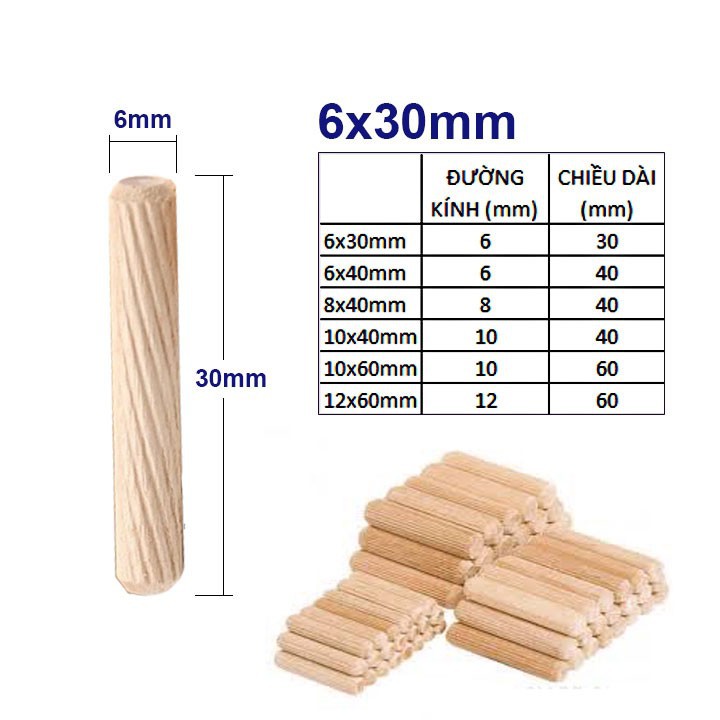 1 Kg Chốt gỗ phi 6-8-10-12mm D 30-40-60 mm