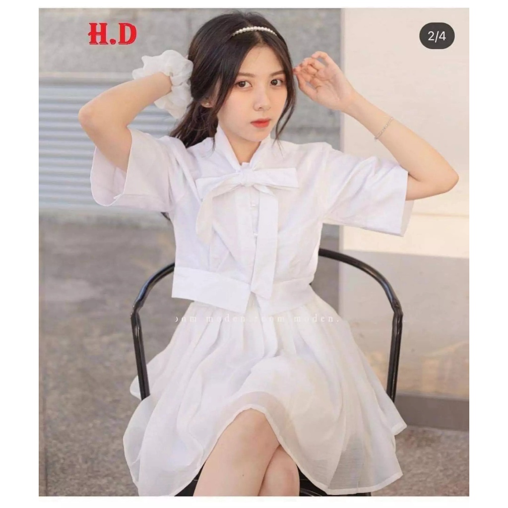 Sét váy croptop thắt nơ và chân váy xoè 2 lớp