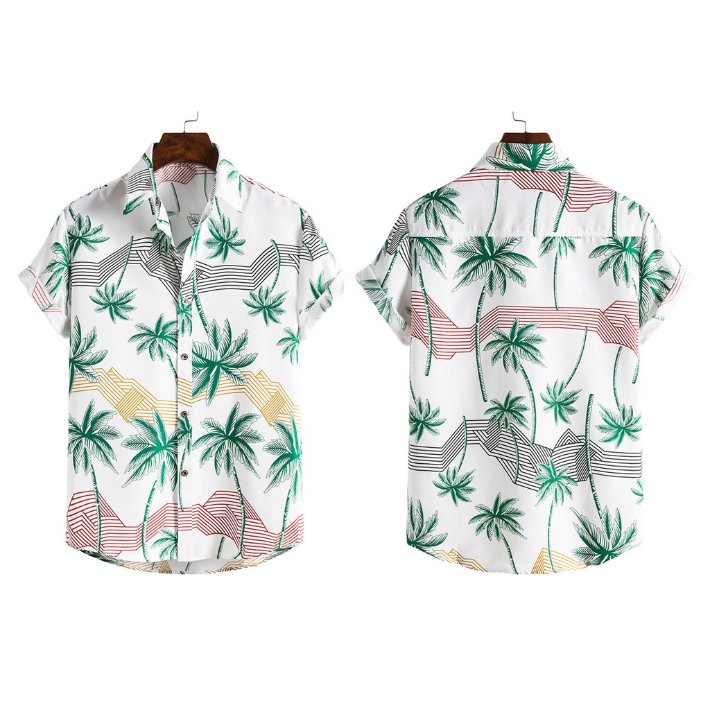 Áo Sơ Mi Nam Ngắn Tay Cổ Bẻ Cài Nút Xuống In Hình Cây Dừa Hawaii Thời Trang Du Lịch