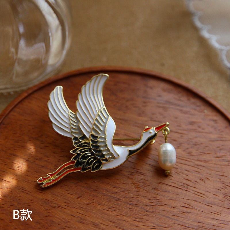 Ghim cài áo bằng kim loại hình chim hạc phong cách cổ điển thanh lịch dành cho nữ