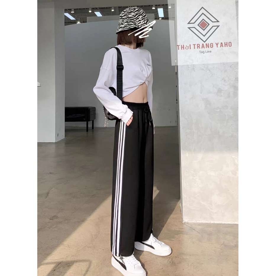 Quần thể thao nữ Jogger ống rộng bo chun gấu rút dây màu đen đi học sinh- Quần ống rộng 3 sọc trắng vải UMÌ hàn mặc làm