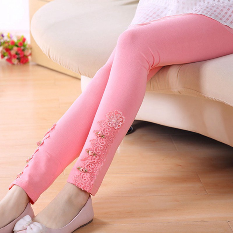 Quần Legging Cotton Phối Ren Hoa 3 Màu Thời Trang Xuân Thu Cho Bé Gái