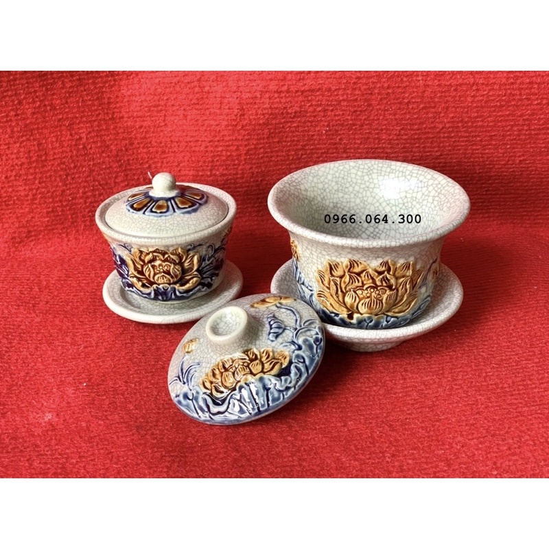 Bát Sâm Men Rạn Bát Tràng, Chén Nước Có Nắp Thờ Cúng Đắp Nổi Men Rạn