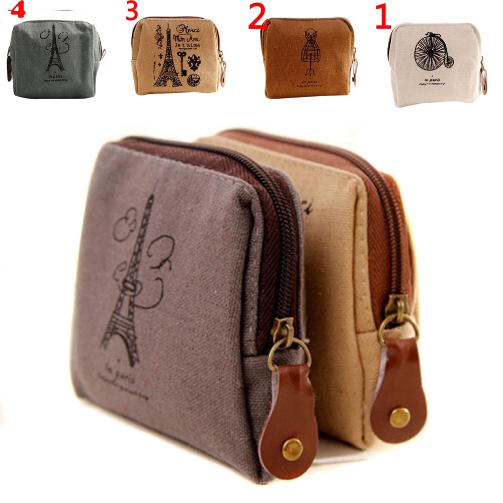 Ví đựng tiền xu bằng vải canvas mini có dây kéo phong cách cổ điển tiện lợi